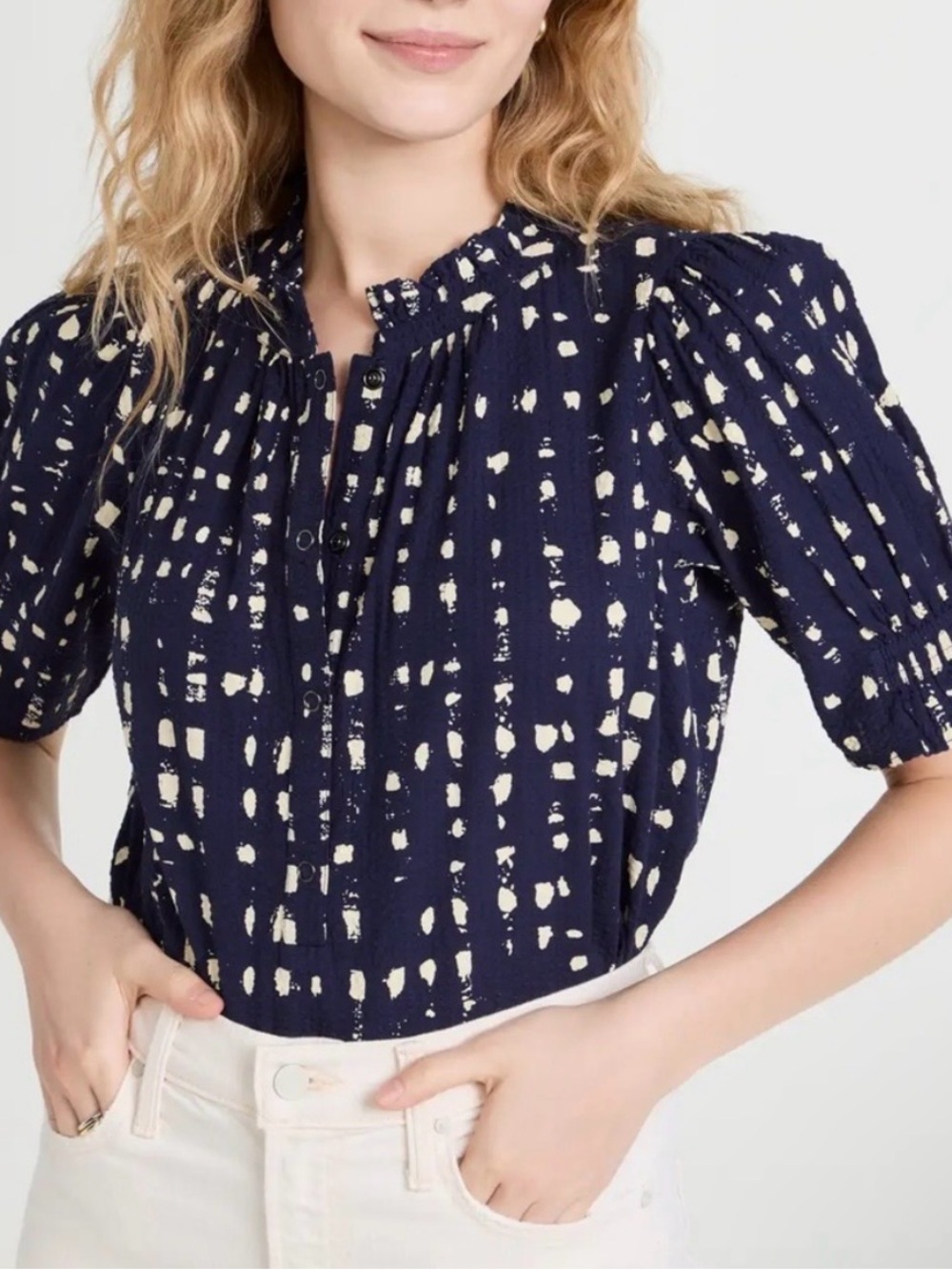 Apiece Apart Navy and Cream Printed Puff-Sleeve Blouse